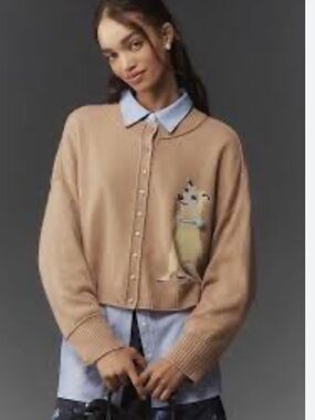 Anthropologie Goldie Beige Knit Cardigan with Fox Motif